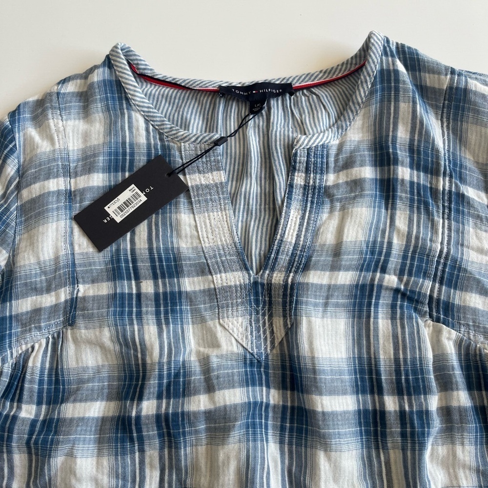 NWT Tommy Hilfiger Blue and White Plaid Blouse - Picture 4 of 10